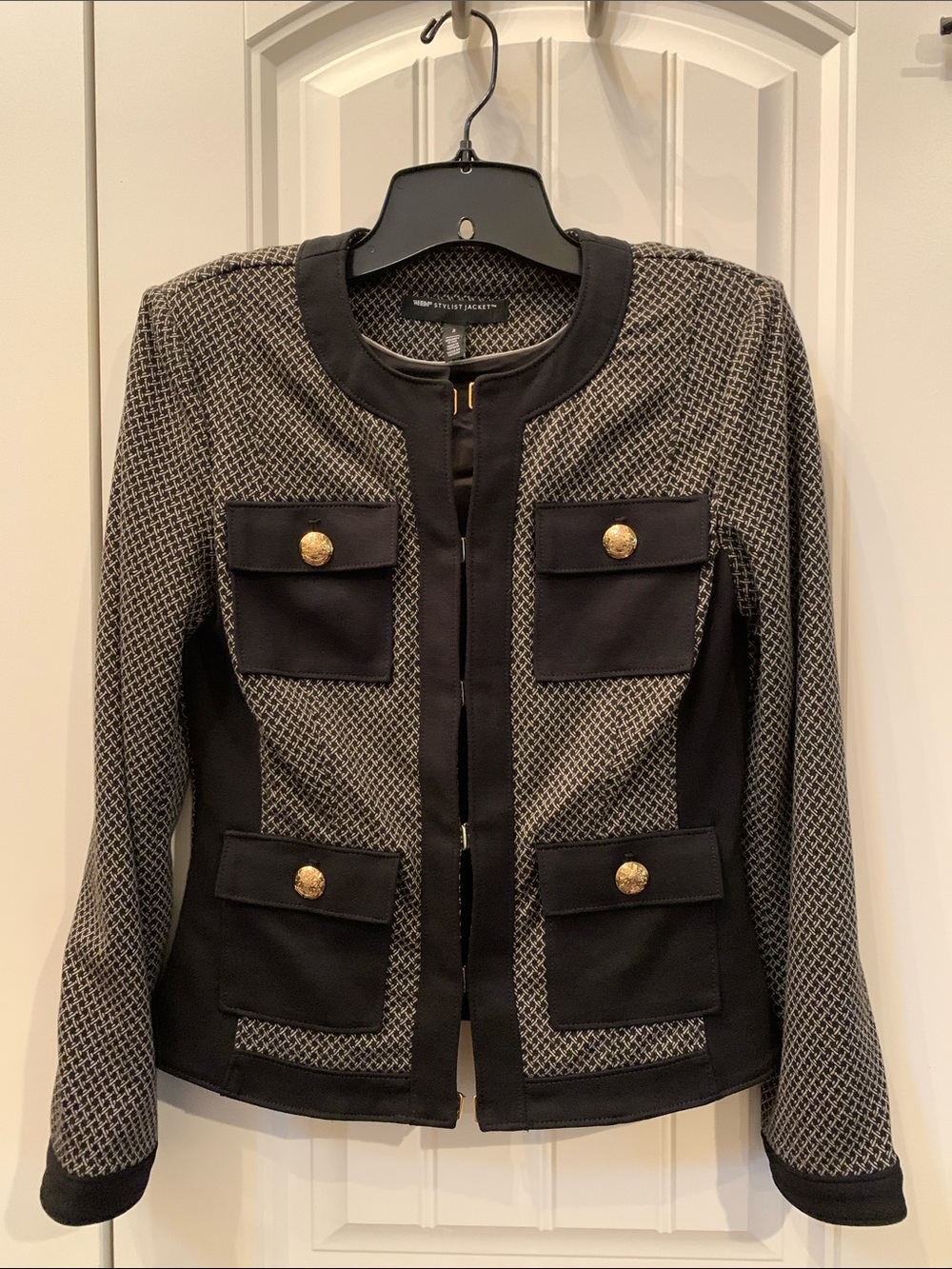 White House Black Market Black and Cream Pocket Blazer with Gold Buttons